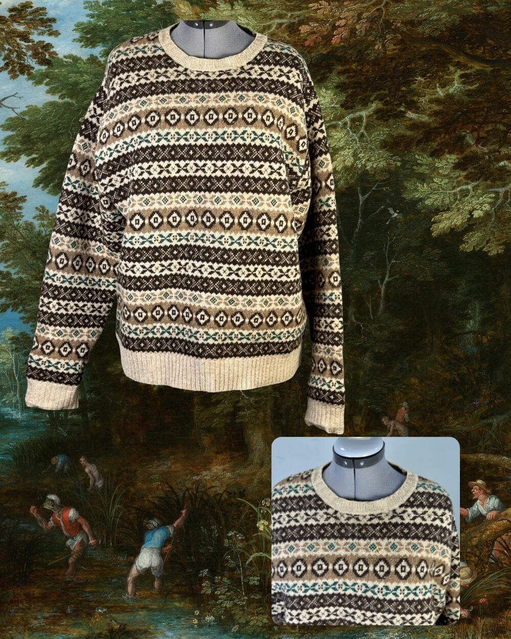 Vintage 90s Gap Lambswool Brown Tan Heritage Cabincore Fairisle Sweater Size L